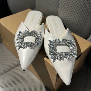 Womens Pointed Toe Mules Sandal Rhinestone Slip-On Low Heeled Backless Slides